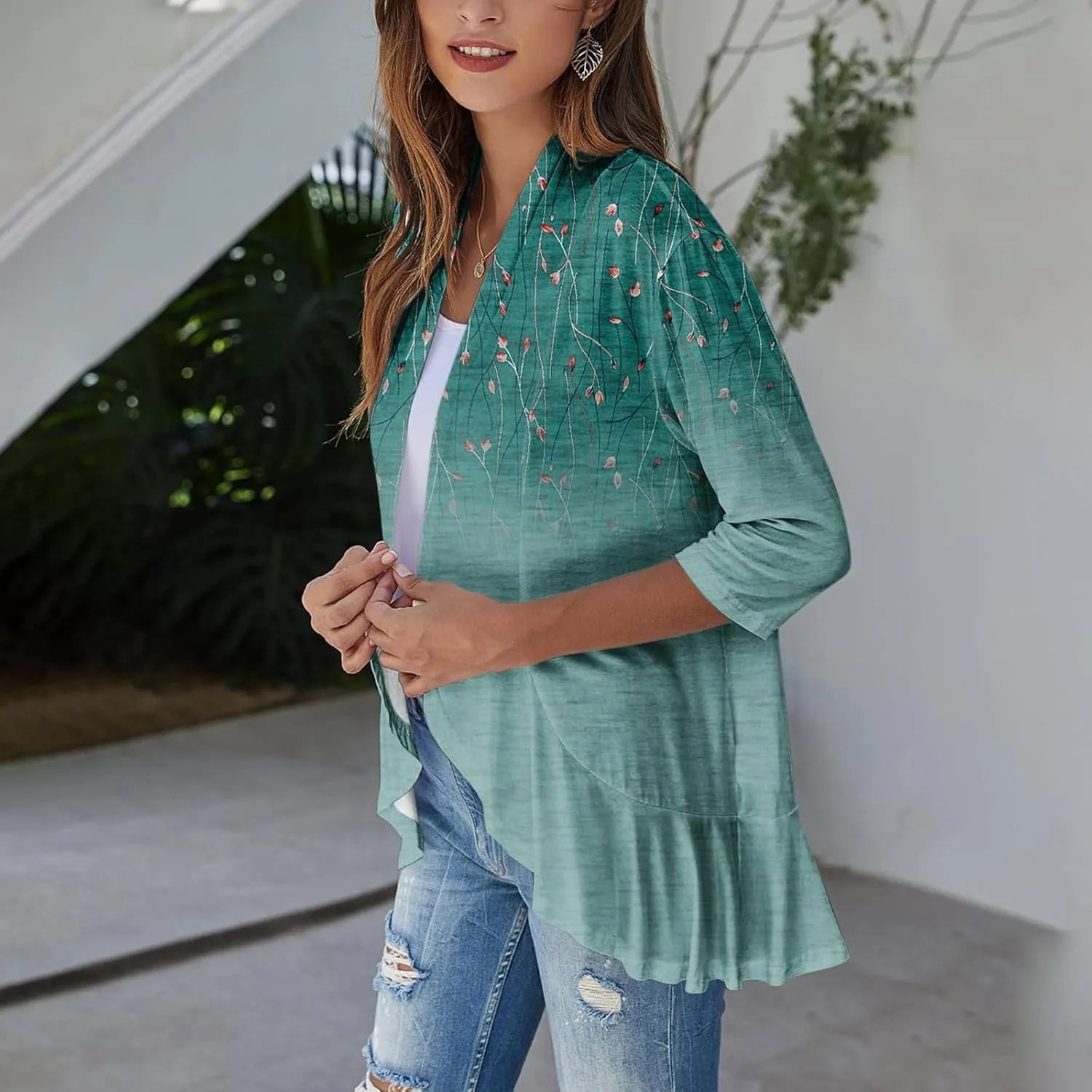 Cardigan for Women Draped Ruffles Printed Casual Tops 3/4 Sleeves Lightweight Open Front Shirts