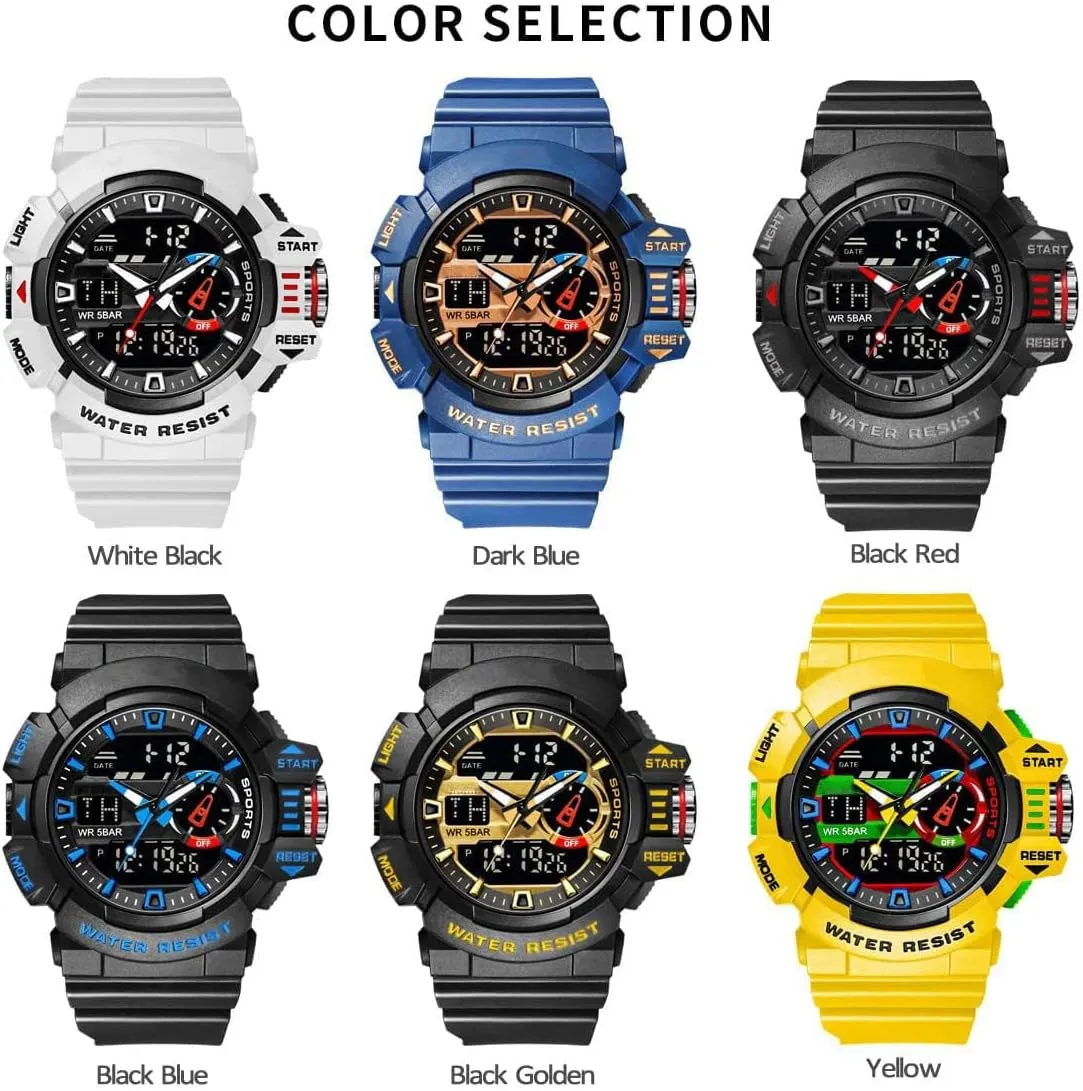Carlien Men Sports Military Watches LED Quartz Dual Display Waterproof Multi Functional Men's Wrist Watches