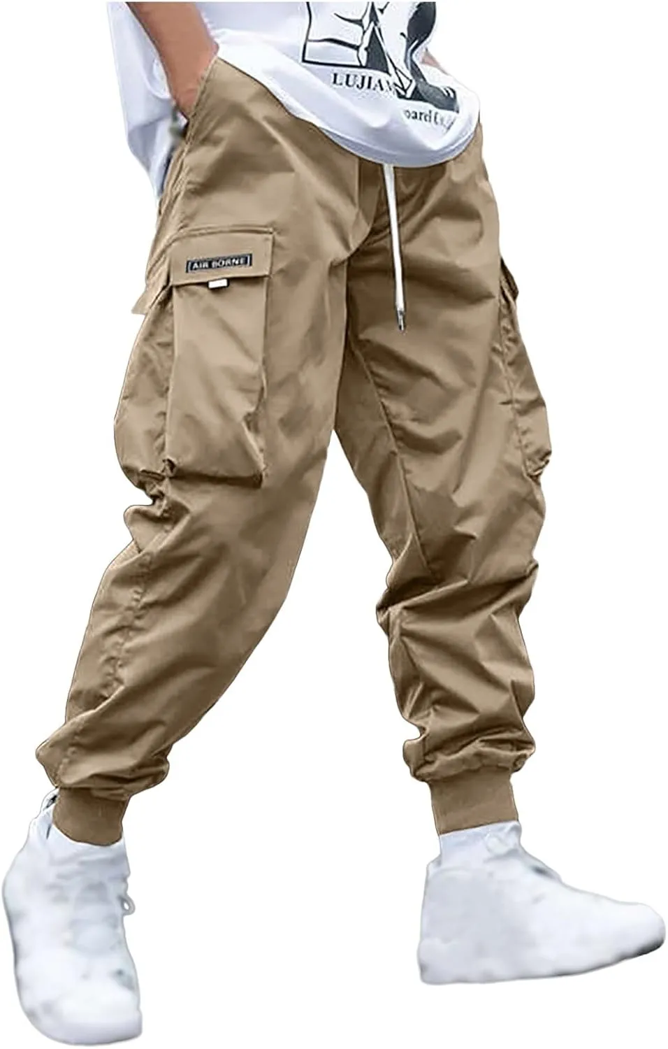 Casual Cargo Pants for Men Elastic Waist Relaxed Fit Trousers Hiking Joggers Athletic Pants with Multi Pockets