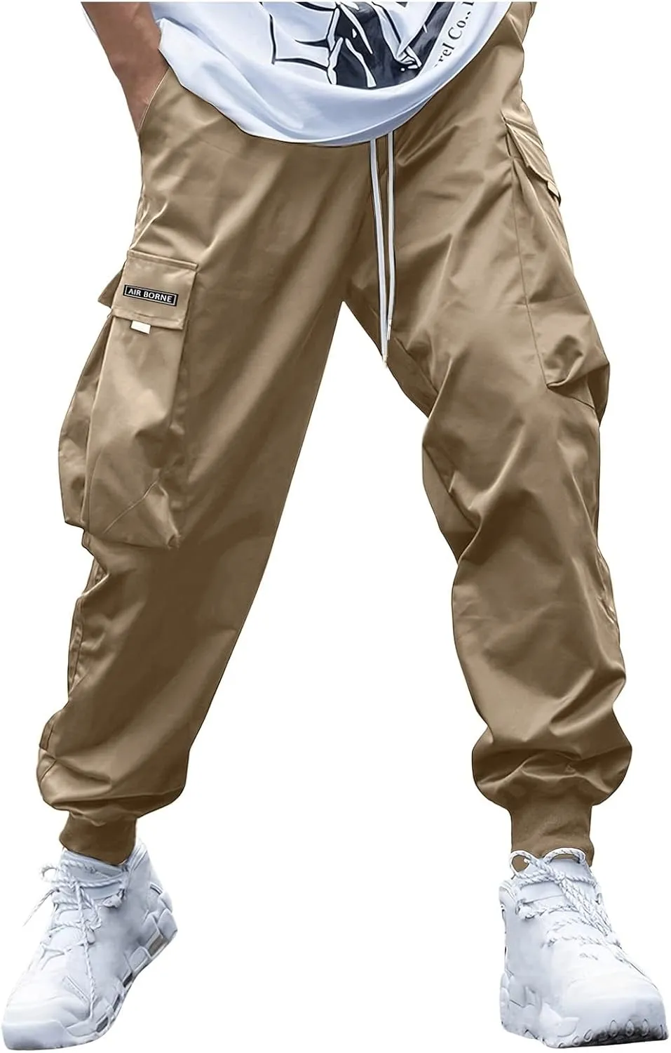Casual Cargo Pants for Men Elastic Waist Relaxed Fit Trousers Hiking Joggers Athletic Pants with Multi Pockets