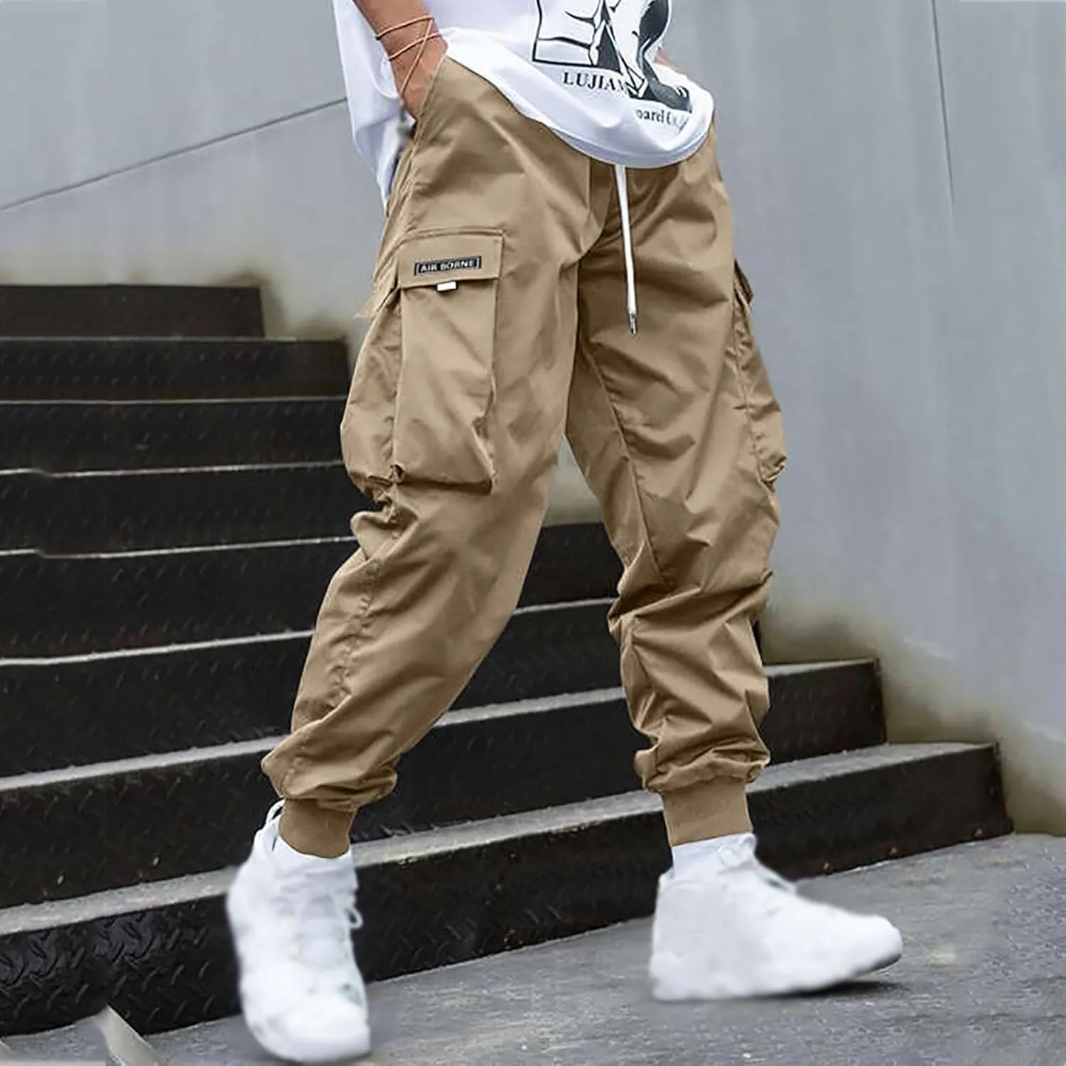 Casual Cargo Pants for Men Elastic Waist Relaxed Fit Trousers Hiking Joggers Athletic Pants with Multi Pockets