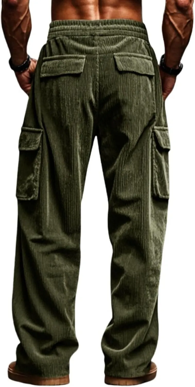 Casual Corduroy Pants for Men Drawstring Stretch Cargo Sweatpants Relaxed Fit Wide Leg Trousers with Multiple Pockets
