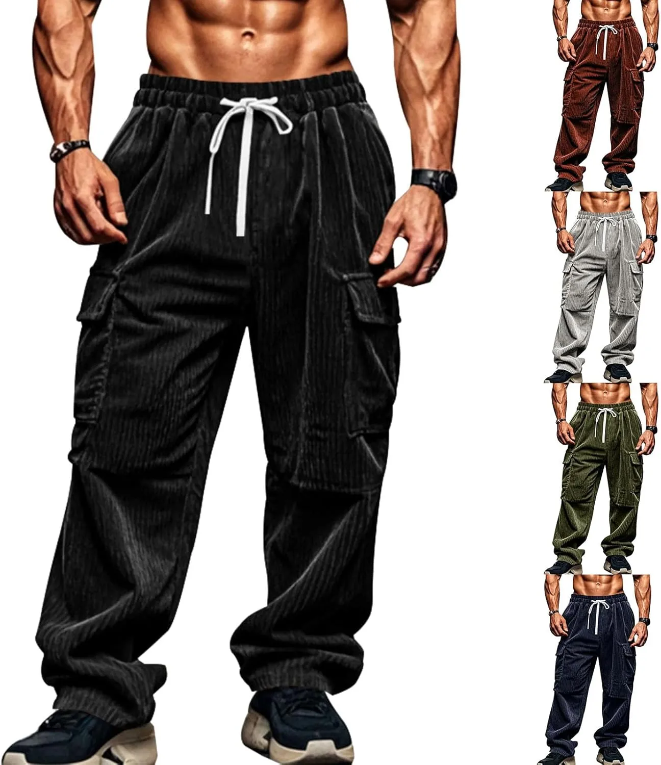 Casual Corduroy Pants for Men Drawstring Stretch Cargo Sweatpants Relaxed Fit Wide Leg Trousers with Multiple Pockets