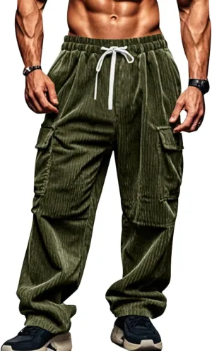 Casual Corduroy Pants for Men Drawstring Stretch Cargo Sweatpants Relaxed Fit Wide Leg Trousers with Multiple Pockets