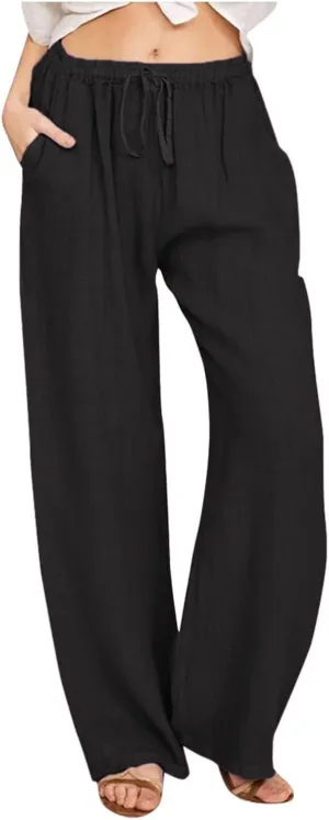 Casual Pants for Women Summer Solid Color Drawstring Elastic Waist Straight Leg Relaxed Comfy Long Trouser