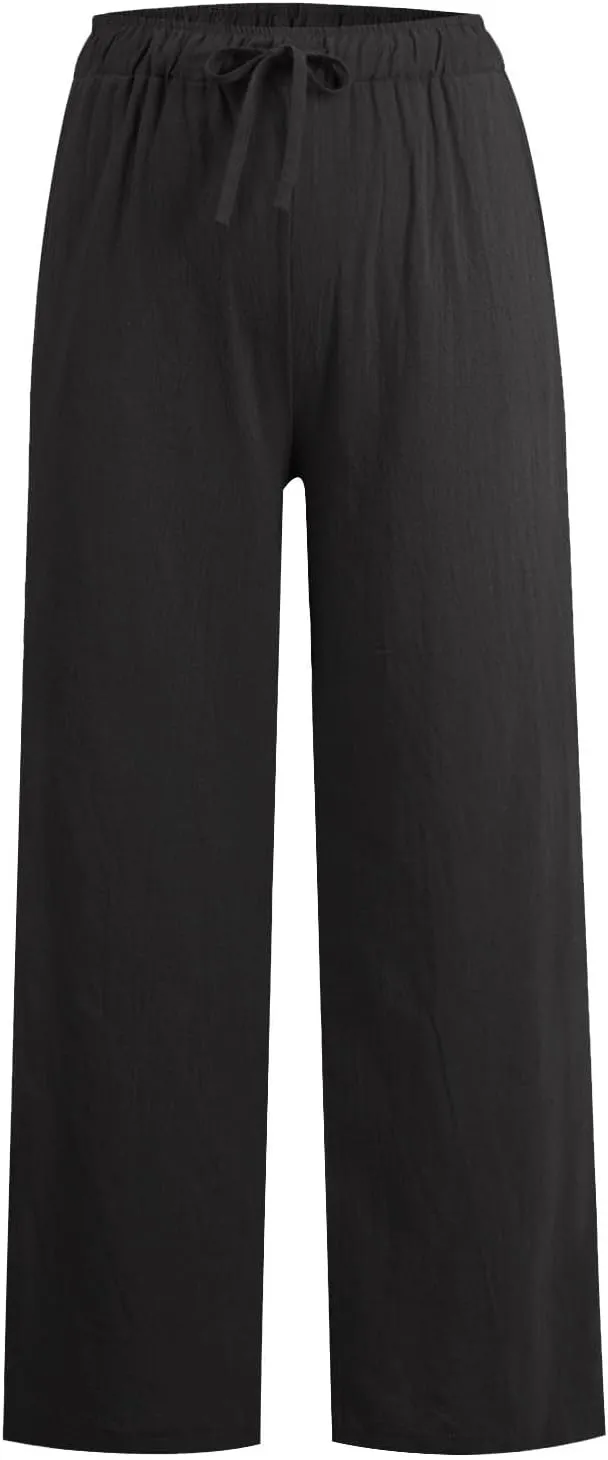 Casual Pants for Women Summer Solid Color Drawstring Elastic Waist Straight Leg Relaxed Comfy Long Trouser