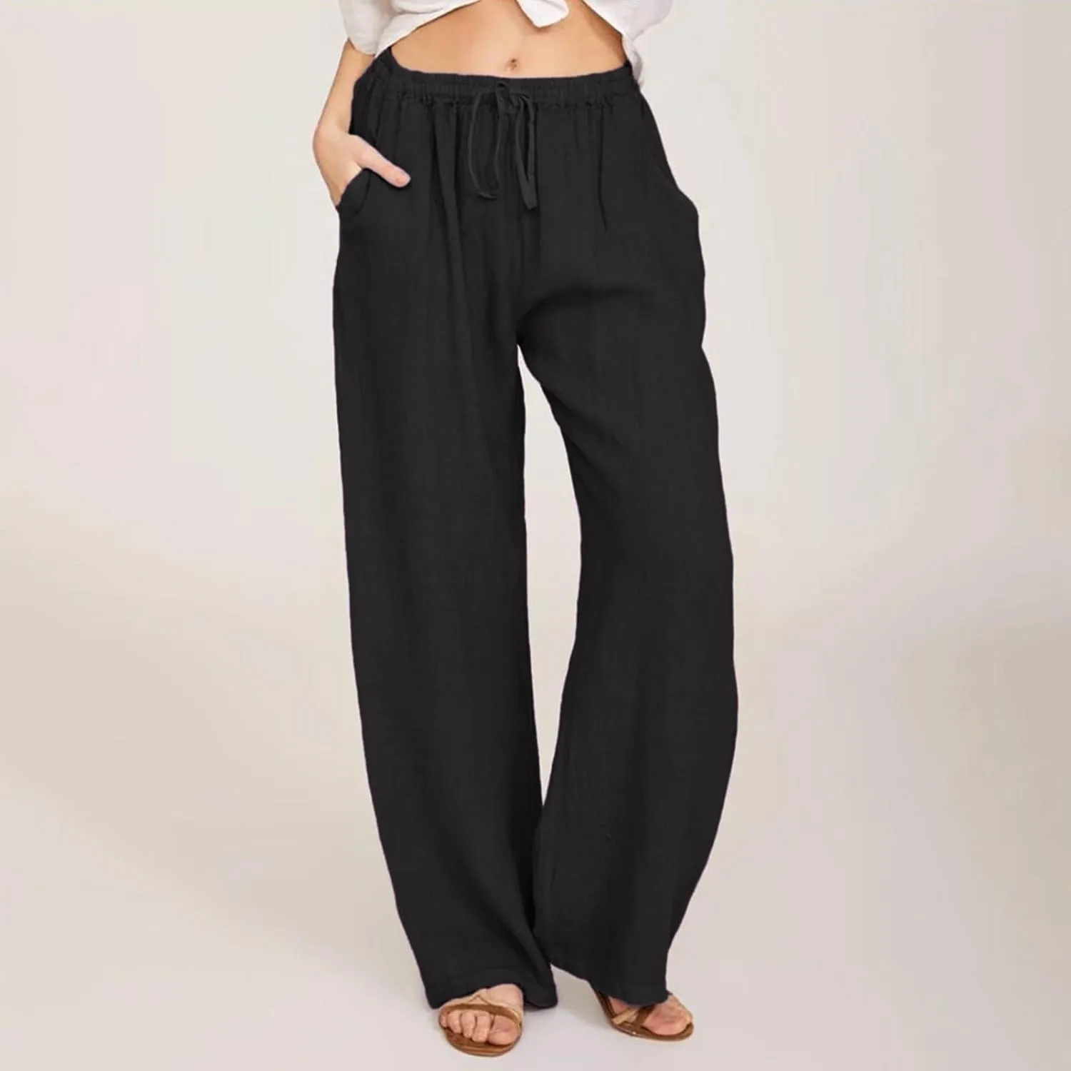 Casual Pants for Women Summer Solid Color Drawstring Elastic Waist Straight Leg Relaxed Comfy Long Trouser