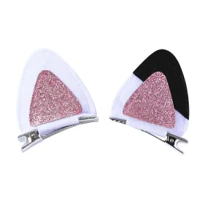 Cat Ears Hair Clips for Girls Kids Large Hair Barrettes Pink Glitter Costume Accessories Dollhouse Party Supplies