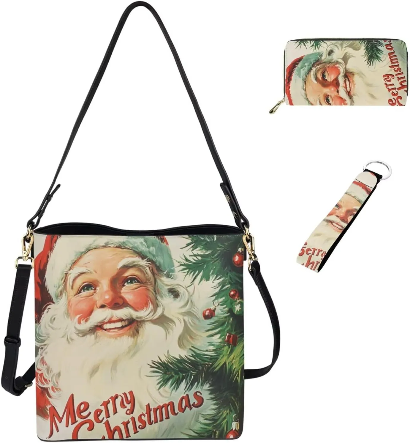 Christmas Crossbody Satchel Bags for Women Large Capacity Shoulder Tote Bag with Wallet and Keychain Set