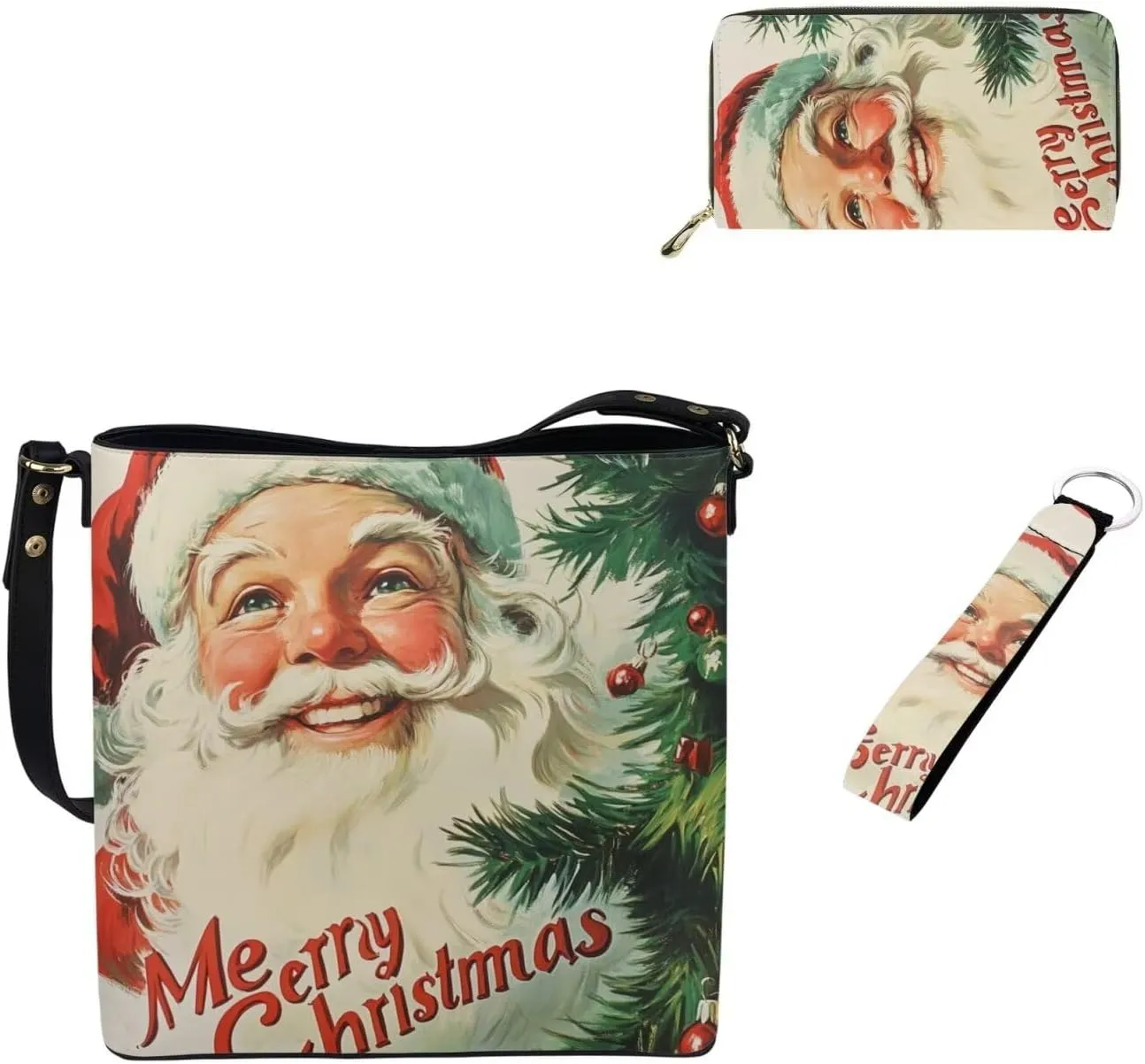 Christmas Crossbody Satchel Bags for Women Large Capacity Shoulder Tote Bag with Wallet and Keychain Set