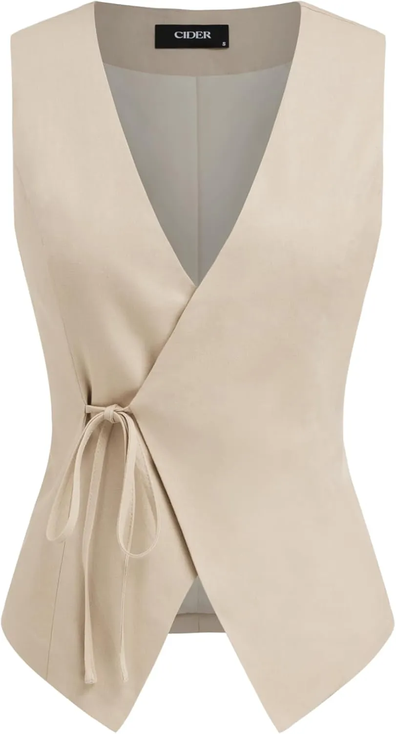 CIDER Linen-Blend V-Neck Solid Knotted Vest