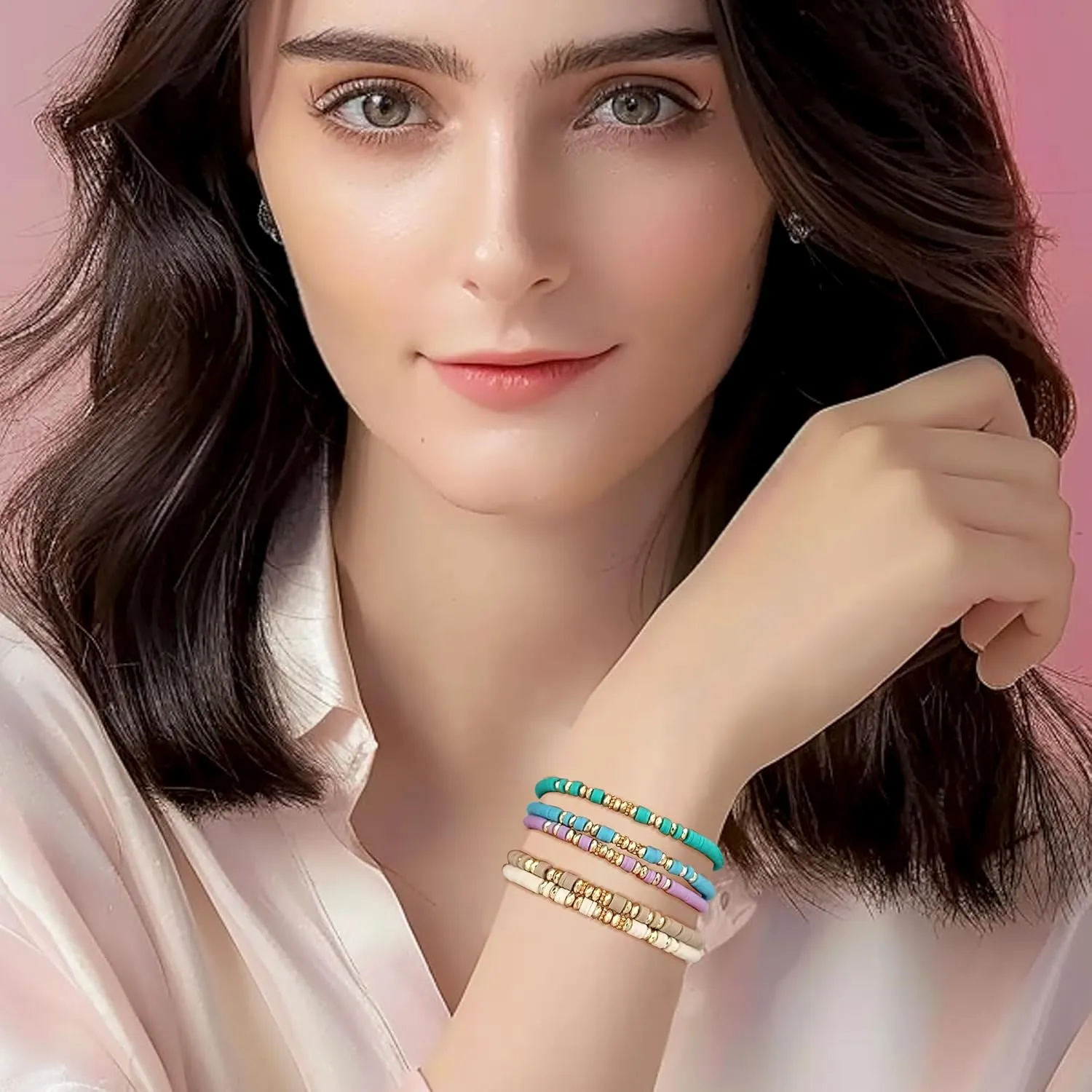 Clay Beaded Bracelets Stack Friendship Women, Boho Gold Beads Bracelet Set Summer Beach Stackable Stretch Colorful Waterproof Jewelry Gift