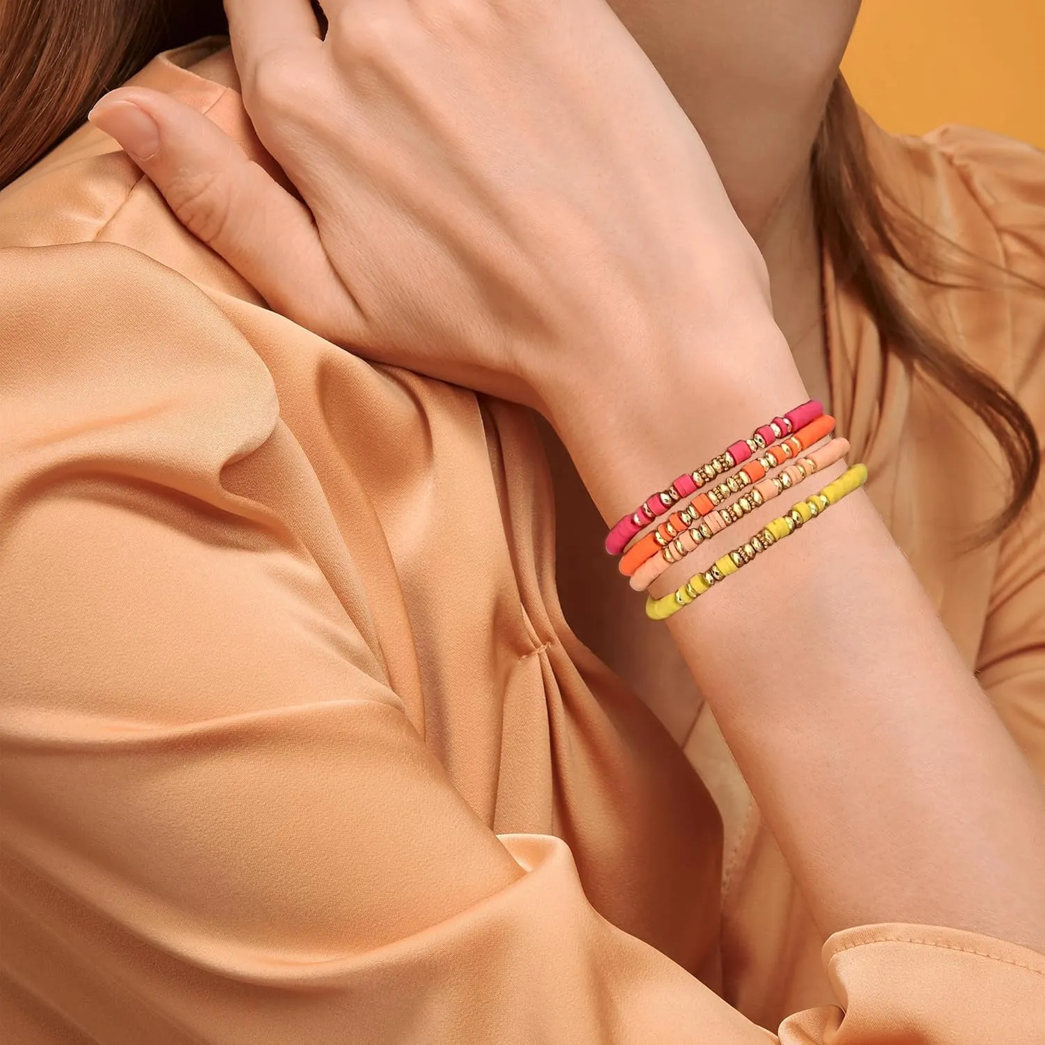 Clay Beaded Bracelets Stack Friendship Women, Boho Gold Beads Bracelet Set Summer Beach Stackable Stretch Colorful Waterproof Jewelry Gift