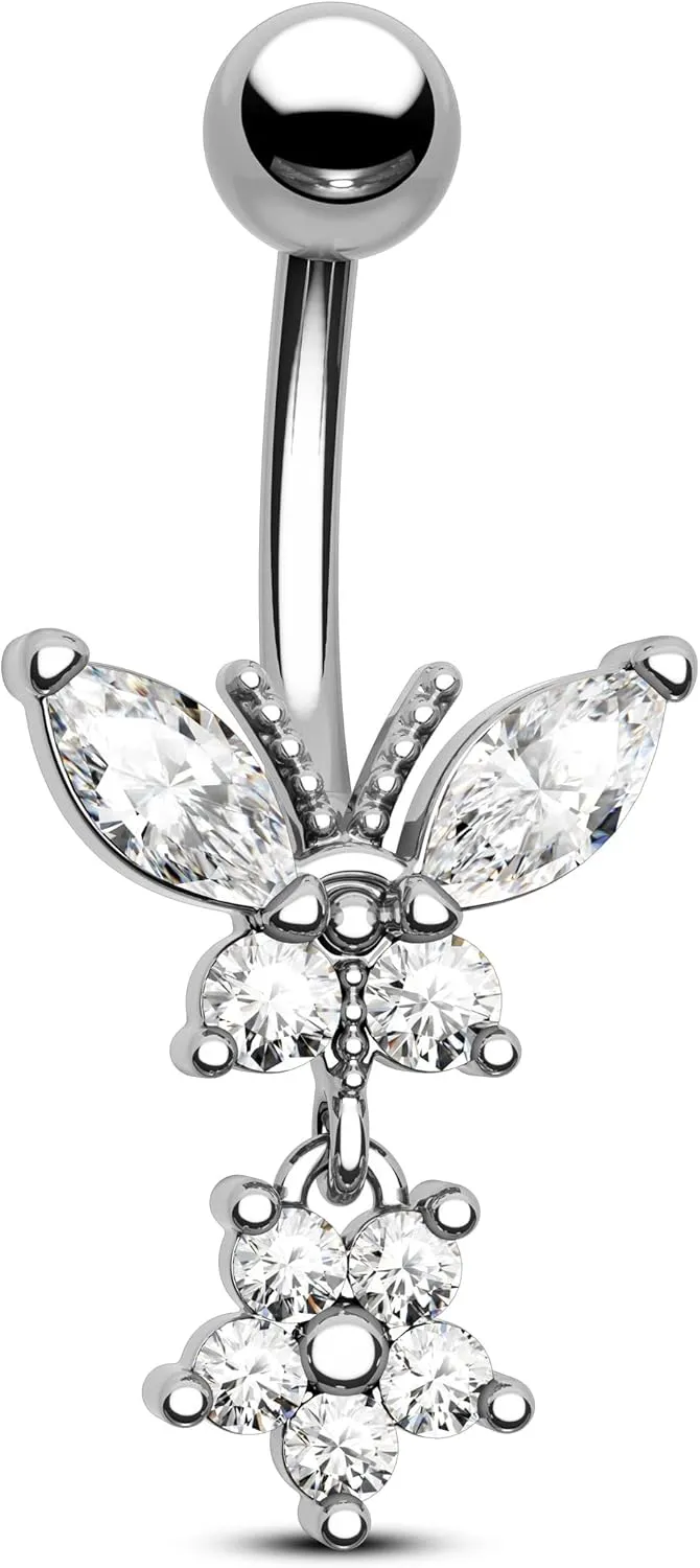 CM Crareesi Butterfly Belly Ring 14G 316L Stainless Steel Short Dangle Piercing Jewelry