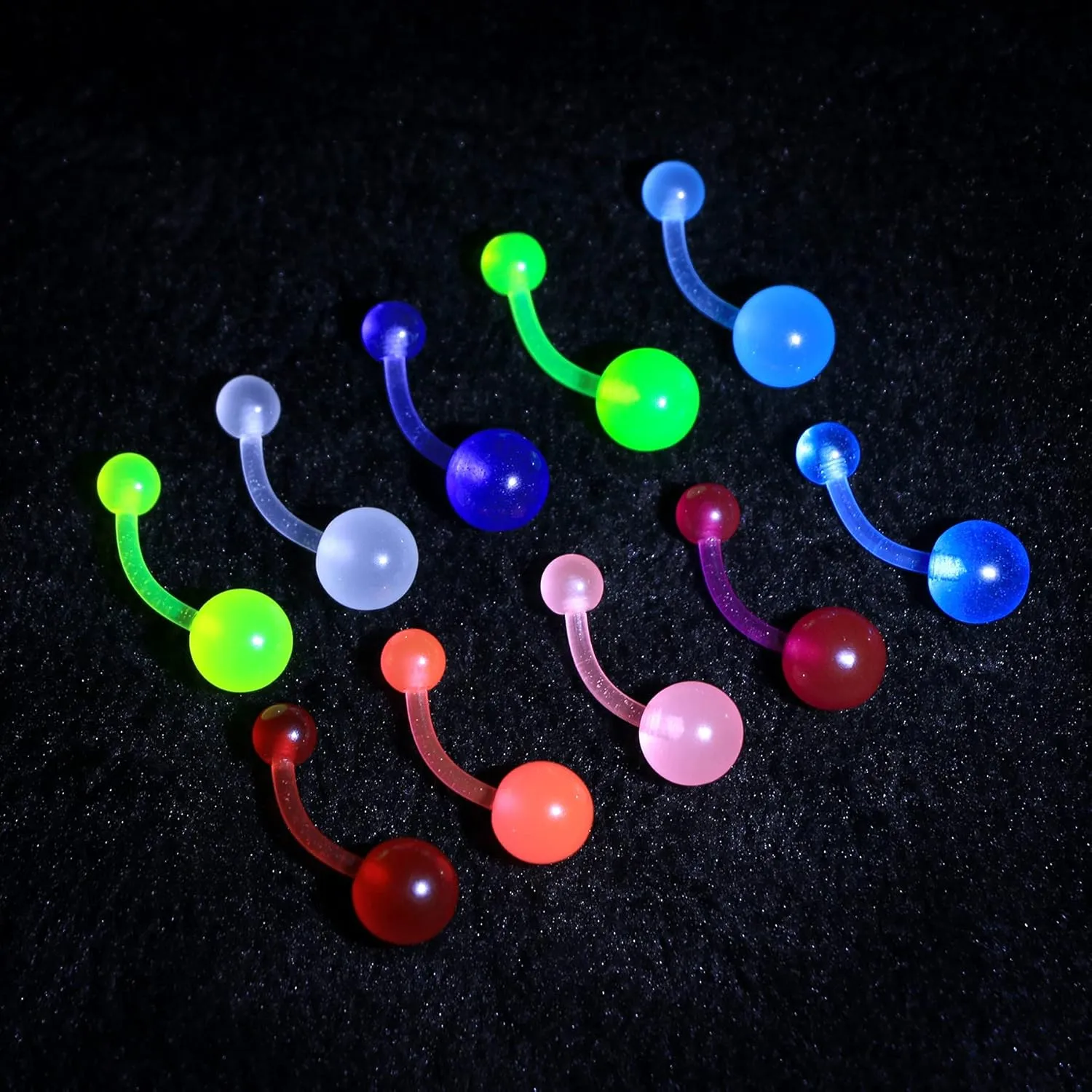 CM Crareesi Mania 10Pieces Belly Button Rings Glow in The Dark Belly Rings 14G Banana Barbells Colorful Navel Piercing Jewellery Navel Bars