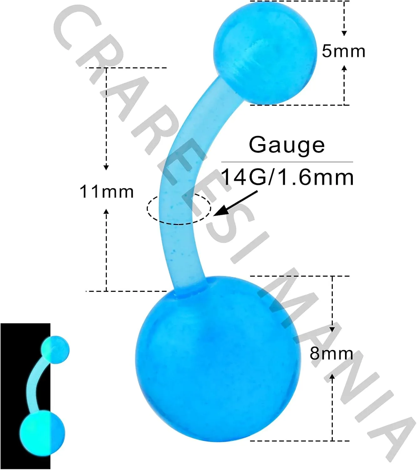 CM Crareesi Mania 10Pieces Belly Button Rings Glow in The Dark Belly Rings 14G Banana Barbells Colorful Navel Piercing Jewellery Navel Bars