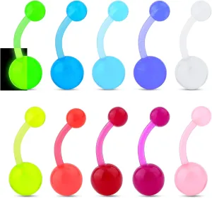 CM Crareesi Mania 10Pieces Belly Button Rings Glow in The Dark Belly Rings 14G Banana Barbells Colorful Navel Piercing Jewellery Navel Bars