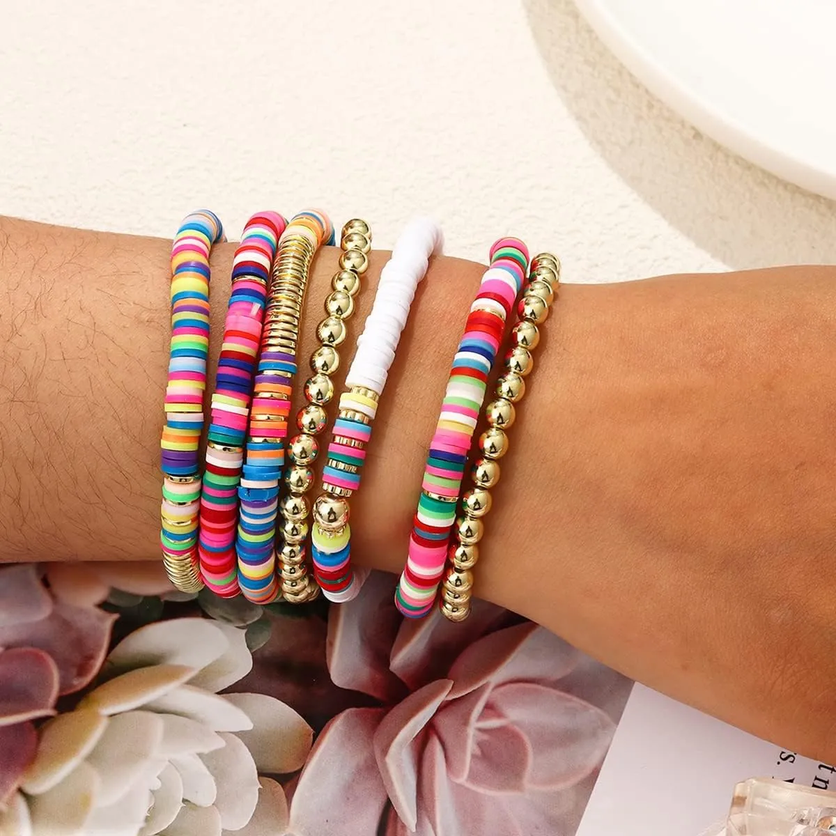 Colorful Beaded Bracelets for Women Heishi Bracelet Set Gold Bead Bracelets Resin Acrylic Bangle Bracelets Stackable Stretch Strand Bracelet