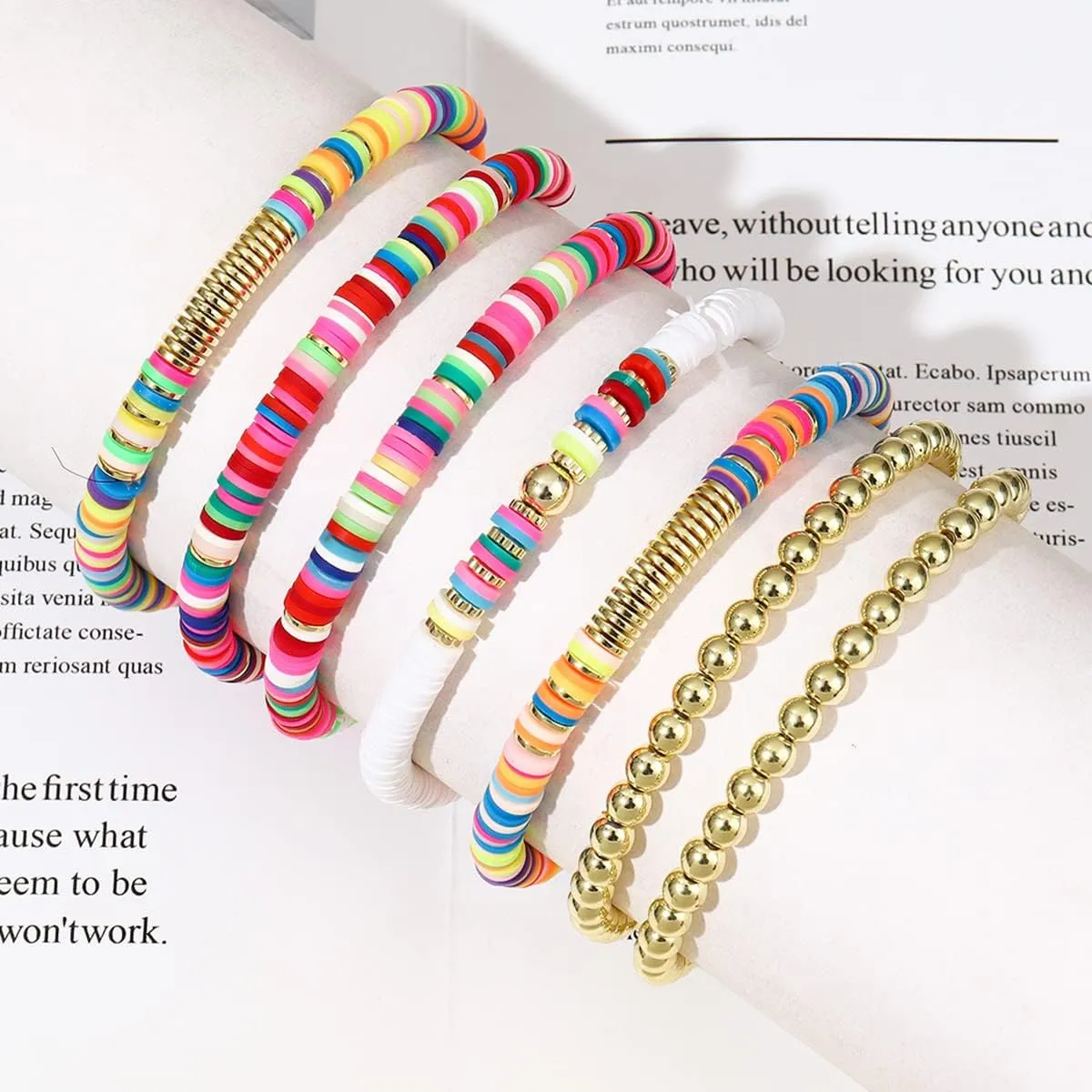 Colorful Beaded Bracelets for Women Heishi Bracelet Set Gold Bead Bracelets Resin Acrylic Bangle Bracelets Stackable Stretch Strand Bracelet