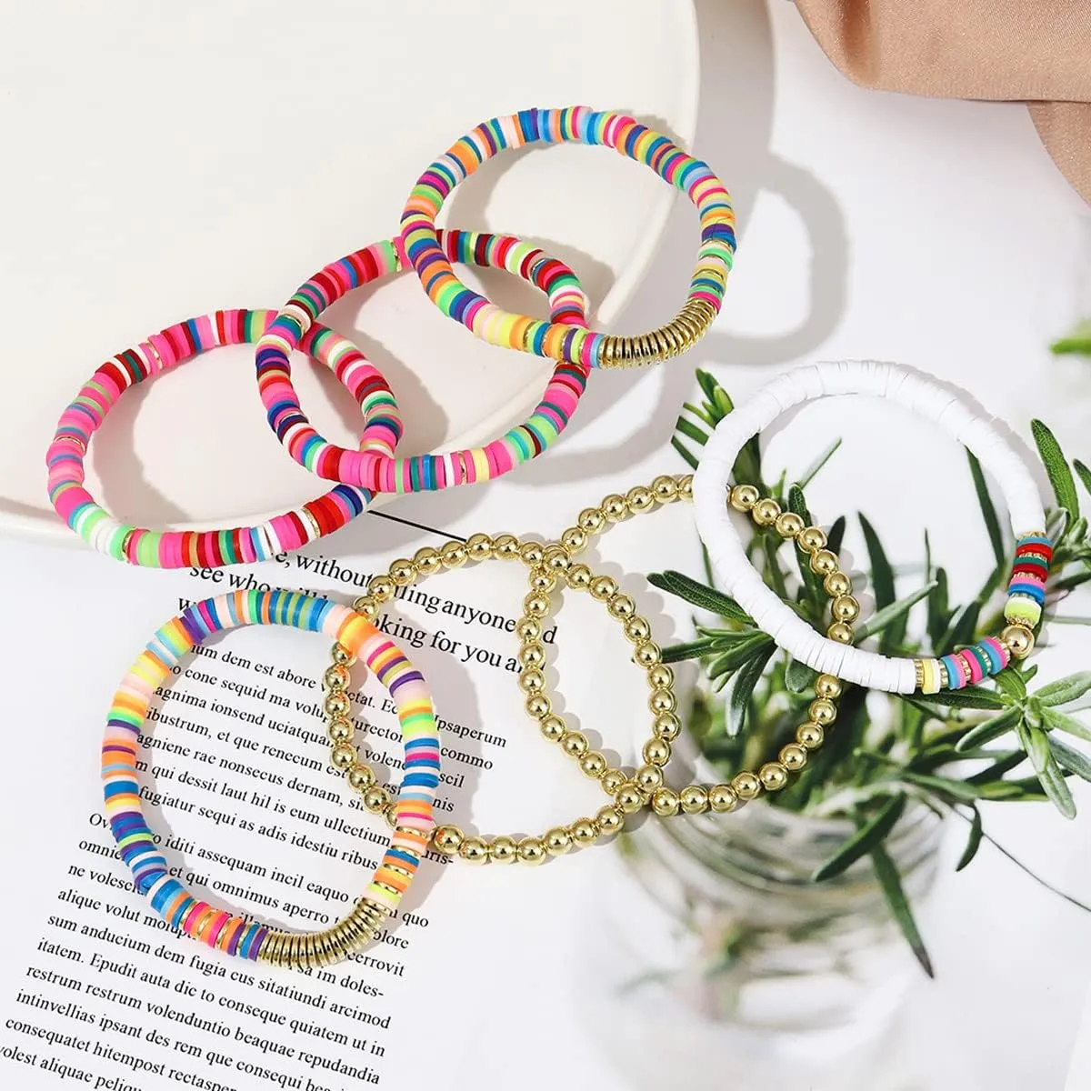 Colorful Beaded Bracelets for Women Heishi Bracelet Set Gold Bead Bracelets Resin Acrylic Bangle Bracelets Stackable Stretch Strand Bracelet