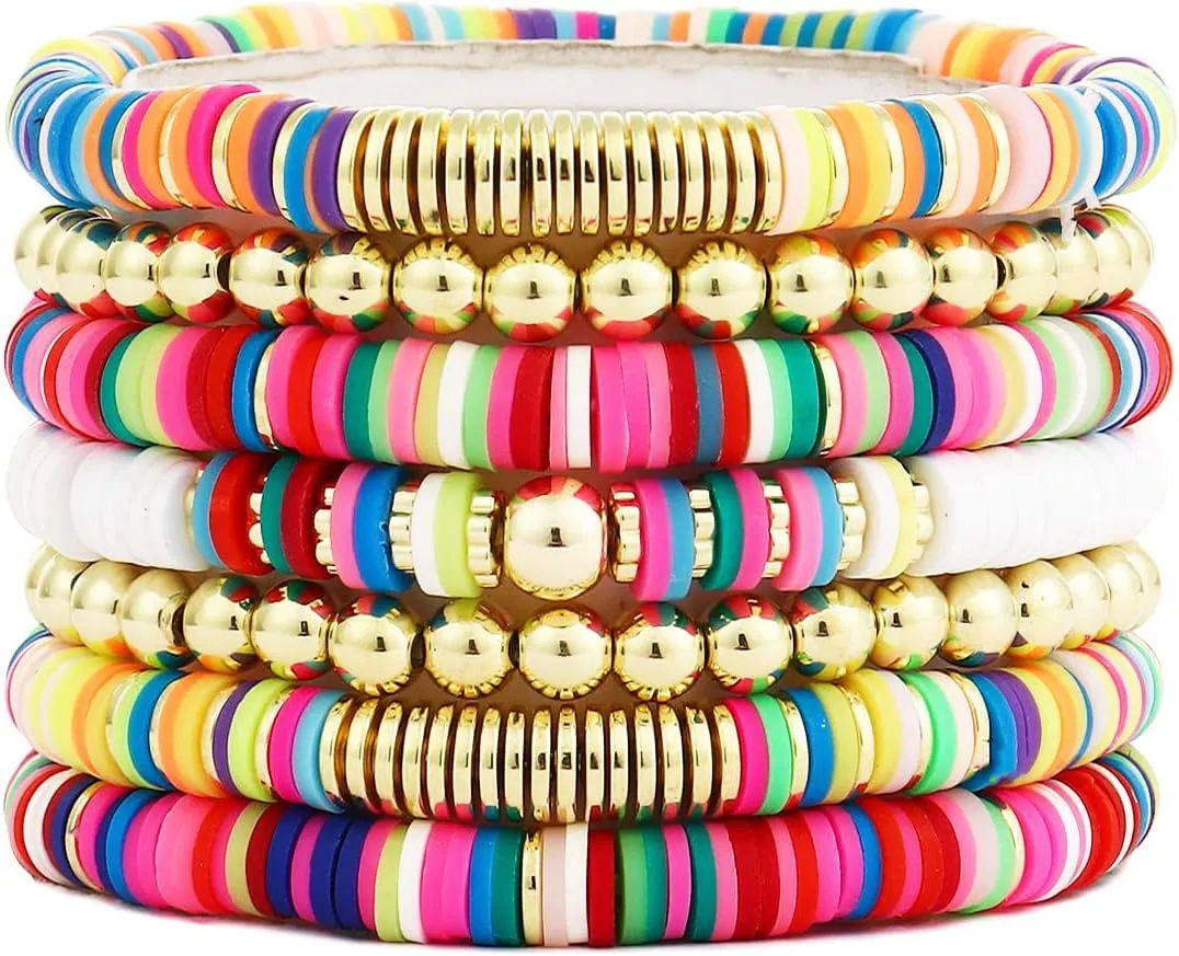 Colorful Beaded Bracelets for Women Heishi Bracelet Set Gold Bead Bracelets Resin Acrylic Bangle Bracelets Stackable Stretch Strand Bracelet