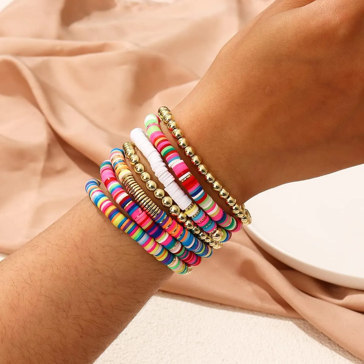 Colorful Beaded Bracelets for Women Heishi Bracelet Set Gold Bead Bracelets Resin Acrylic Bangle Bracelets Stackable Stretch Strand Bracelet