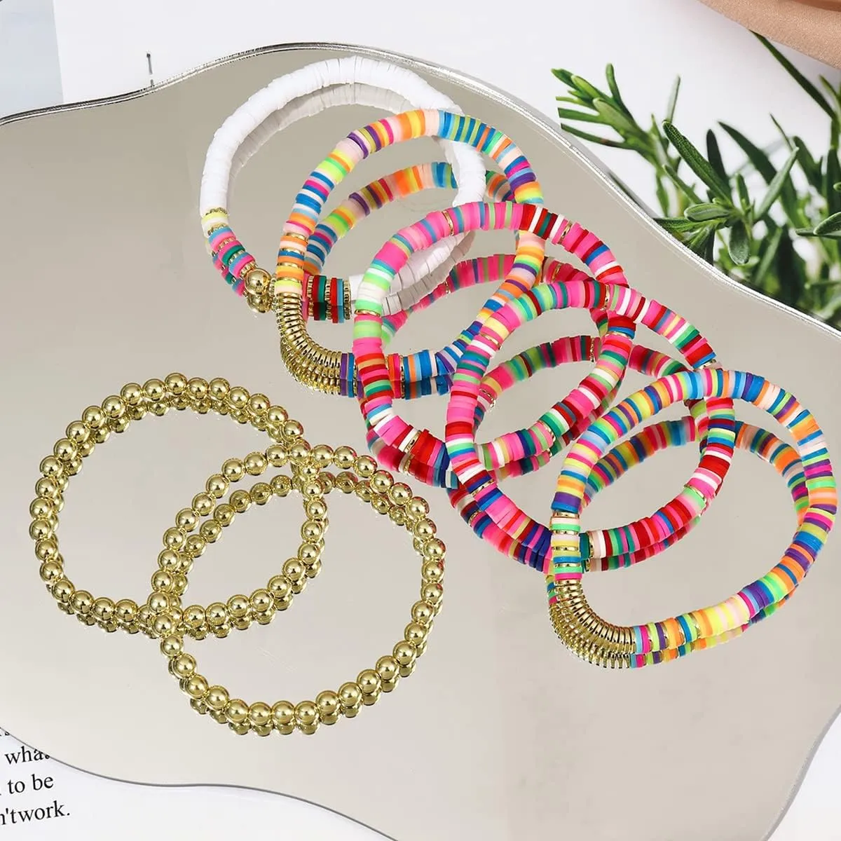 Colorful Beaded Bracelets for Women Heishi Bracelet Set Gold Bead Bracelets Resin Acrylic Bangle Bracelets Stackable Stretch Strand Bracelet