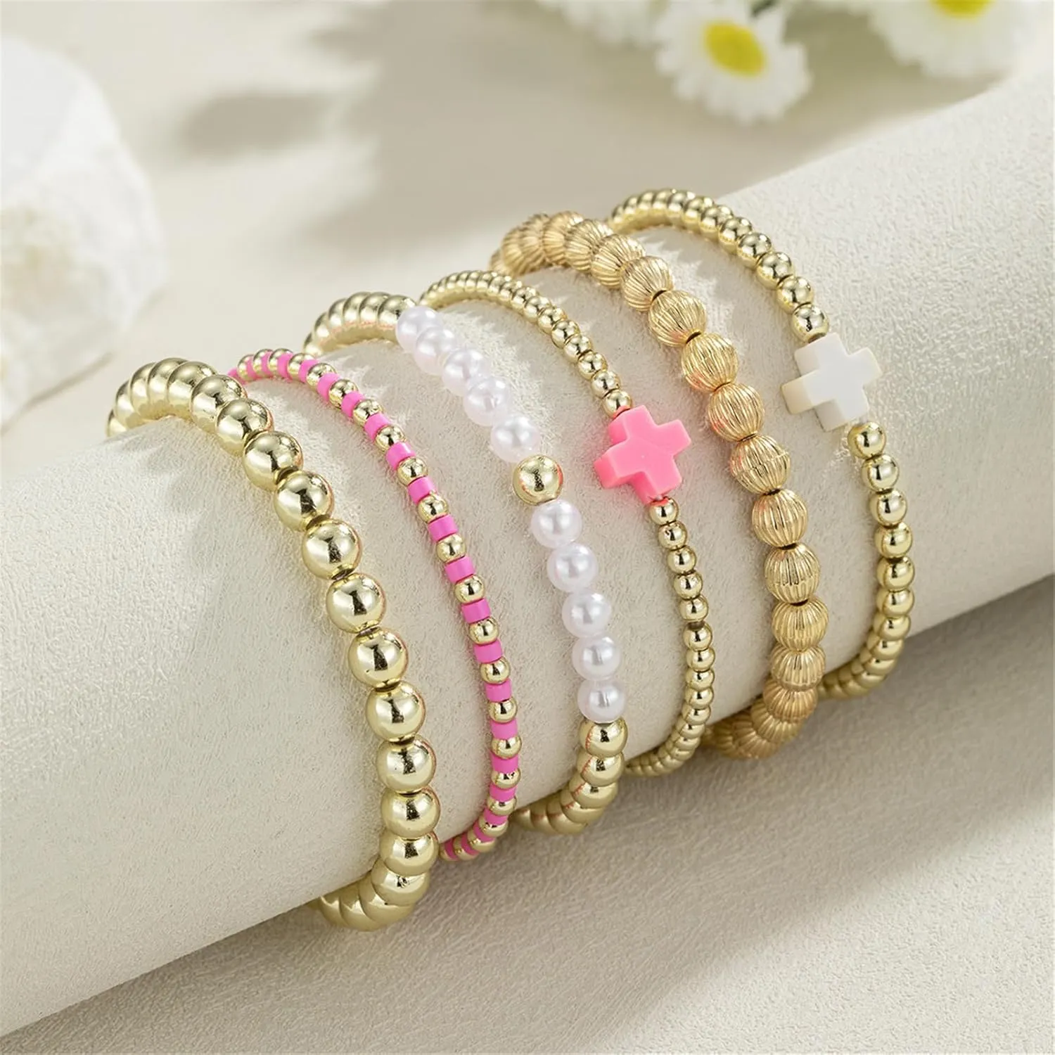 COLORFUL BLING Stackable Cross Bracelets Set for Women Imetation Pearl Resin Beaded Stretch Bracelet Stack Jewelry Birthday Christmas Prom Gifts