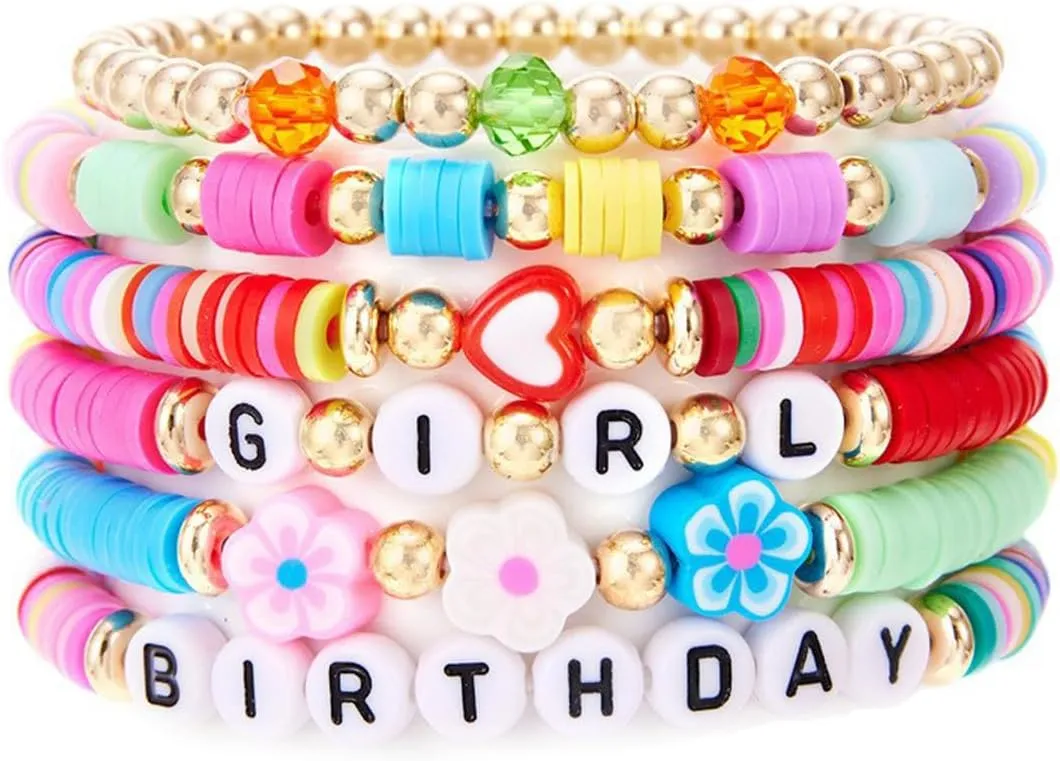 Colorful Happy Birthday Surfer Heishi Clay Friendship Stackable Bracelets Bohemian Multilayer Rainbow Birthday Cake Flower Gold Beads Preppy Stretch Bracelet for Women Party Celebration Jewelry