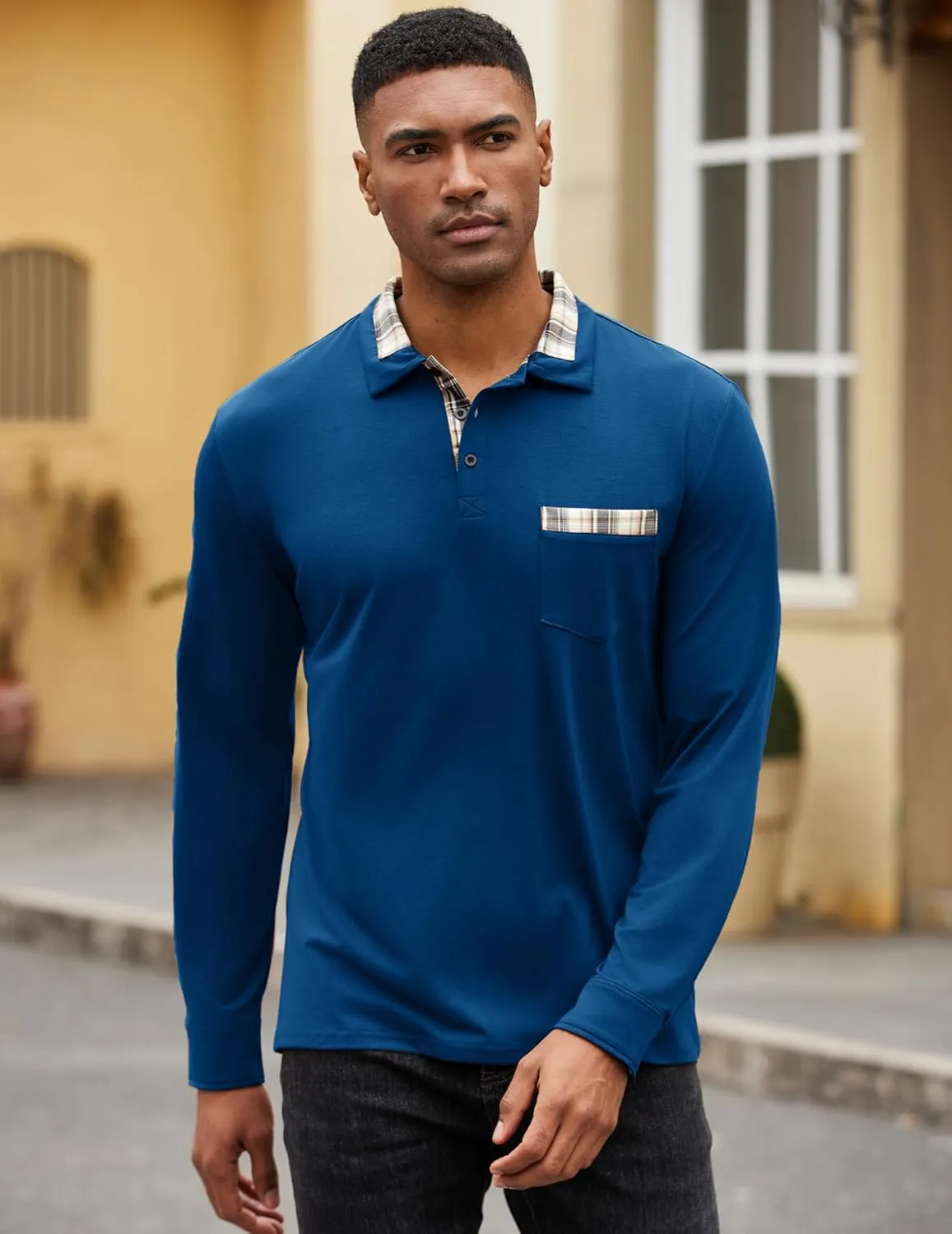 COOFANDY Men's Casual Polo Shirt Long Sleeve Classic Plaid Button Tees with Pockets