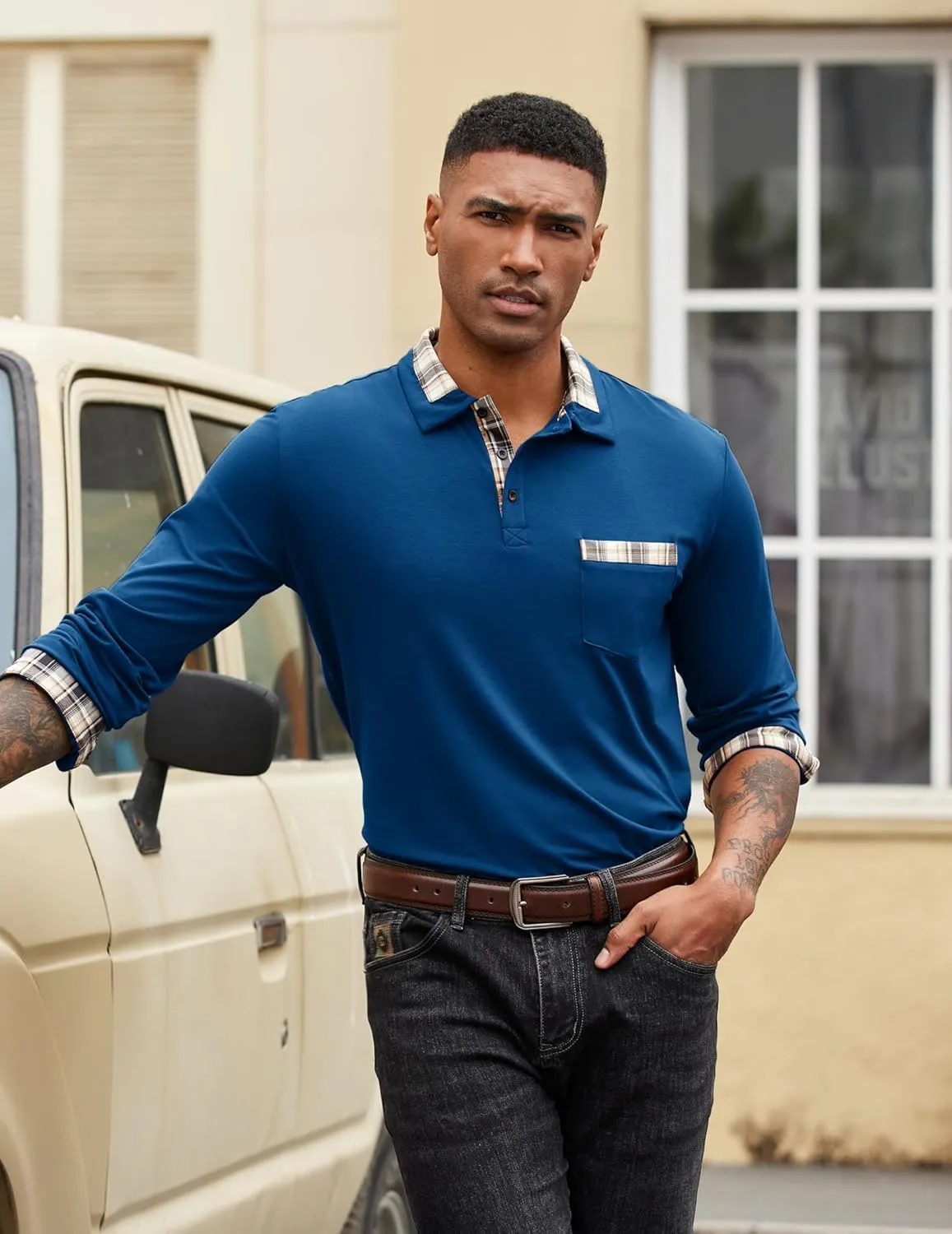 COOFANDY Men's Casual Polo Shirt Long Sleeve Classic Plaid Button Tees with Pockets