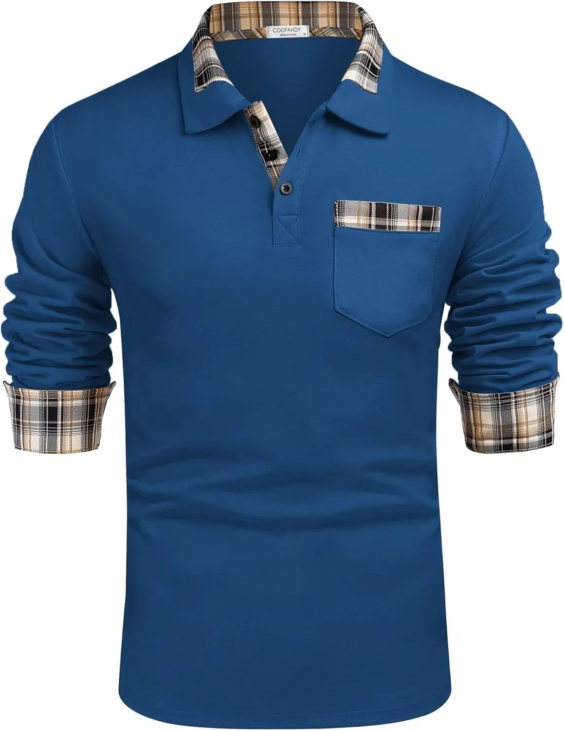 COOFANDY Men's Casual Polo Shirt Long Sleeve Classic Plaid Button Tees with Pockets