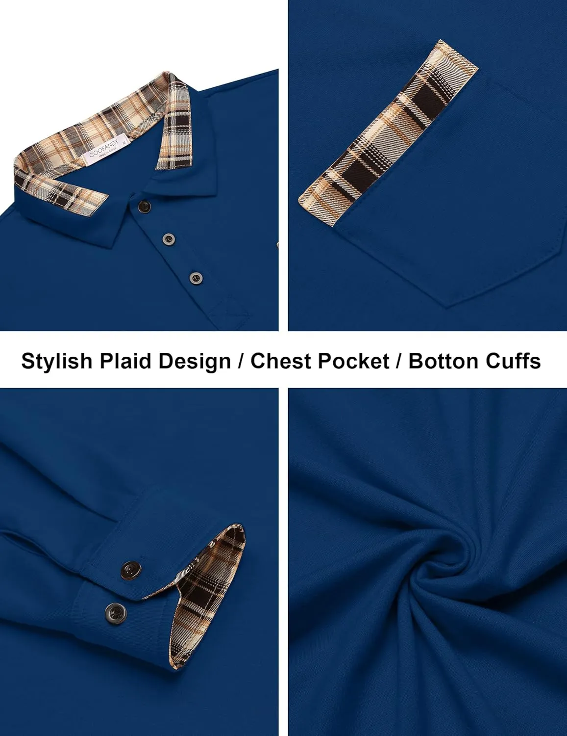COOFANDY Men's Casual Polo Shirt Long Sleeve Classic Plaid Button Tees with Pockets