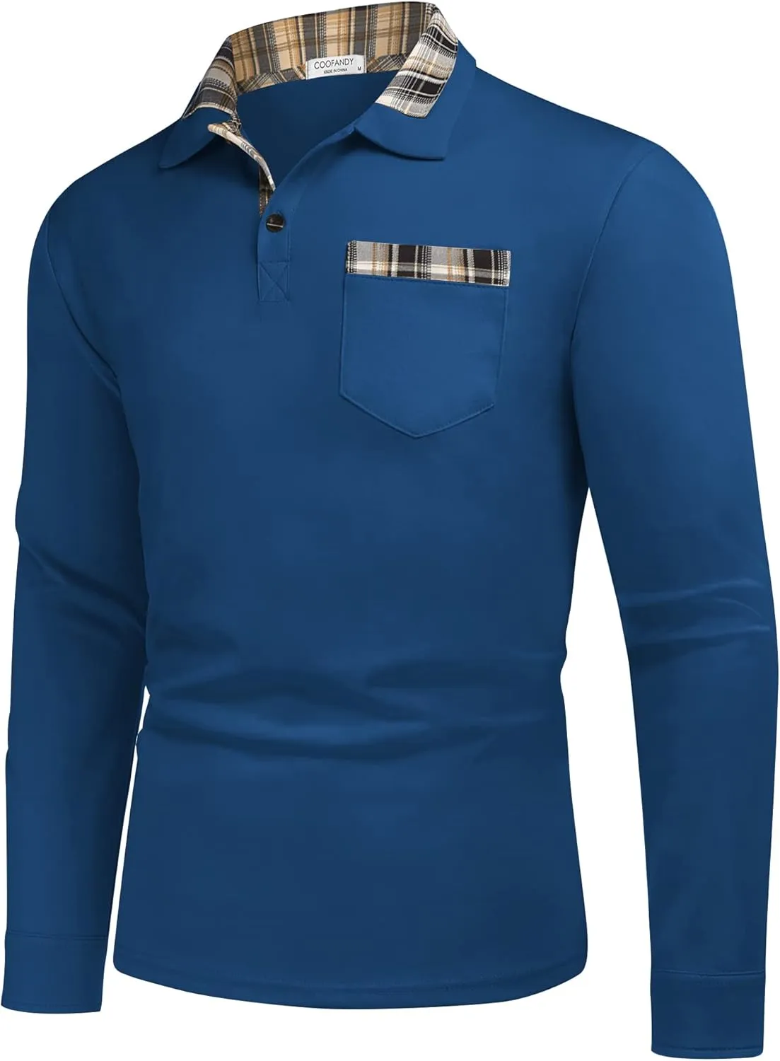 COOFANDY Men's Casual Polo Shirt Long Sleeve Classic Plaid Button Tees with Pockets