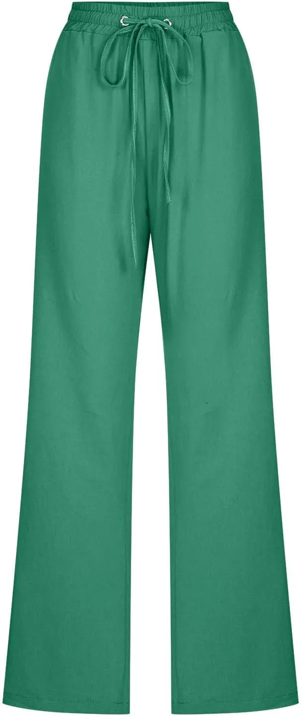 Cotton Linen Pants for Women Straight Leg Drawstring High Waist Trousers Relaxed Fit Elastic Waist Lounge Long Trouser