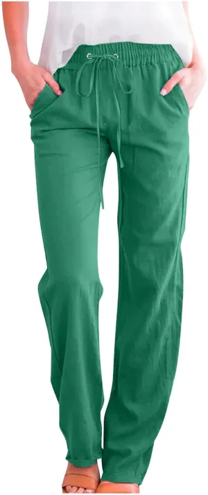 Cotton Linen Pants for Women Straight Leg Drawstring High Waist Trousers Relaxed Fit Elastic Waist Lounge Long Trouser