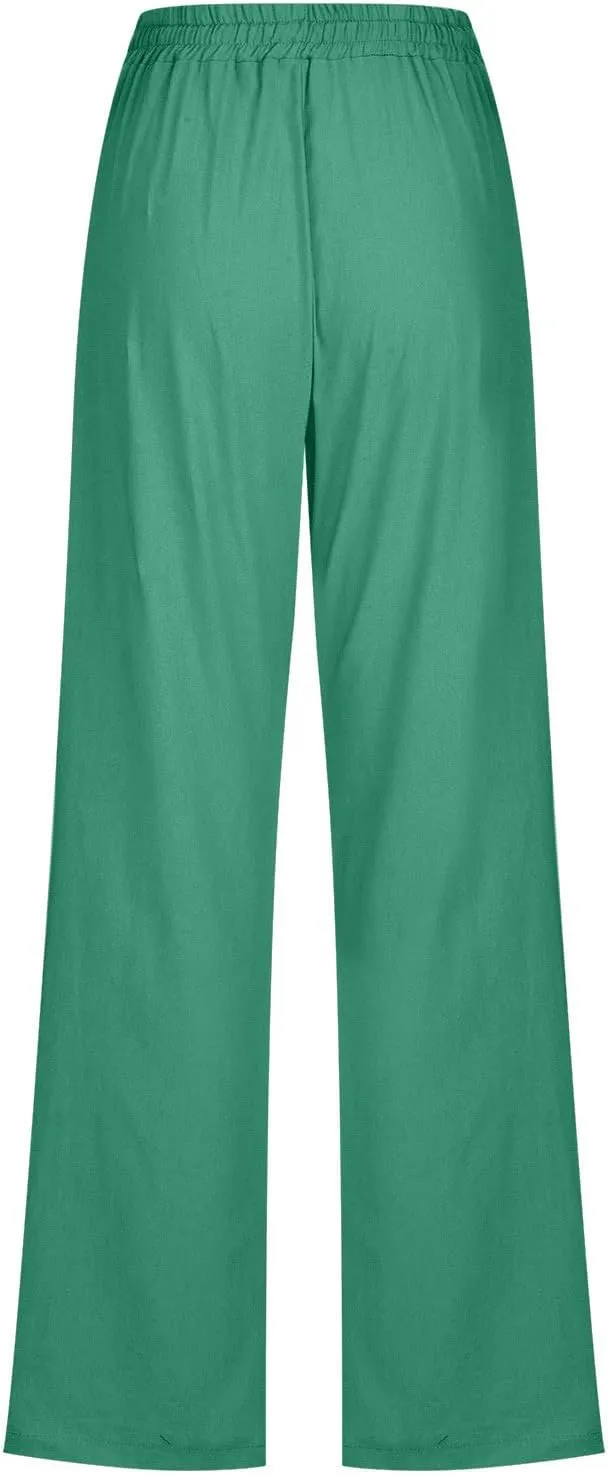 Cotton Linen Pants for Women Straight Leg Drawstring High Waist Trousers Relaxed Fit Elastic Waist Lounge Long Trouser