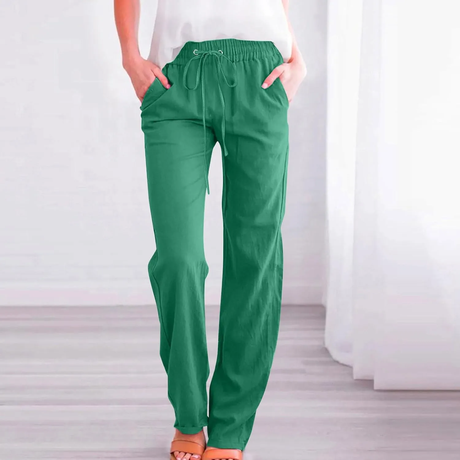 Cotton Linen Pants for Women Straight Leg Drawstring High Waist Trousers Relaxed Fit Elastic Waist Lounge Long Trouser