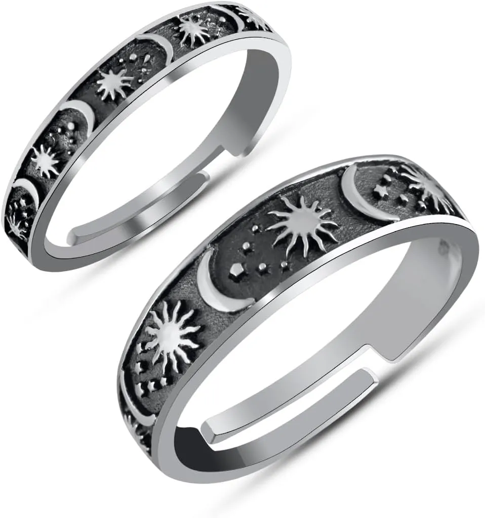 Couple Rings Silver Z-Black Oxidized Star and Moon Couple Rings Radiating Timeless Elegance