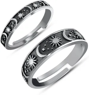 Couple Rings Silver Z-Black Oxidized Star and Moon Couple Rings Radiating Timeless Elegance