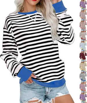 Crewneck Sweatshirts Women Colors Block Striped Fall Sweatshirts Comfy Soft Lightweight Pullover Sweaters Tops