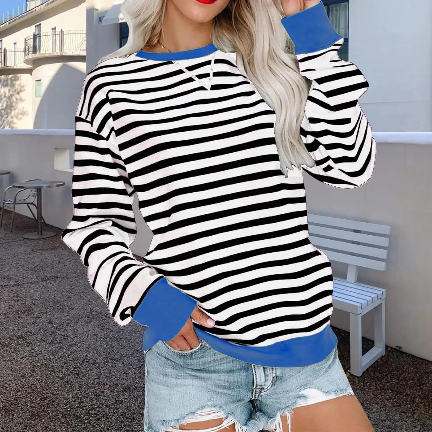 Crewneck Sweatshirts Women Colors Block Striped Fall Sweatshirts Comfy Soft Lightweight Pullover Sweaters Tops