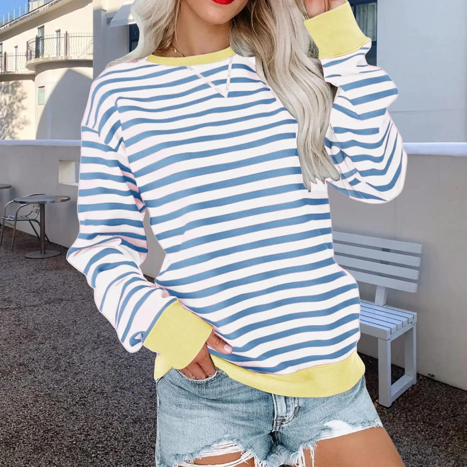 Crewneck Sweatshirts Women Colors Block Striped Fall Sweatshirts Comfy Soft Lightweight Pullover Sweaters Tops
