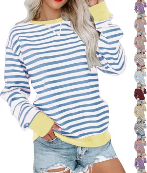 Crewneck Sweatshirts Women Colors Block Striped Fall Sweatshirts Comfy Soft Lightweight Pullover Sweaters Tops