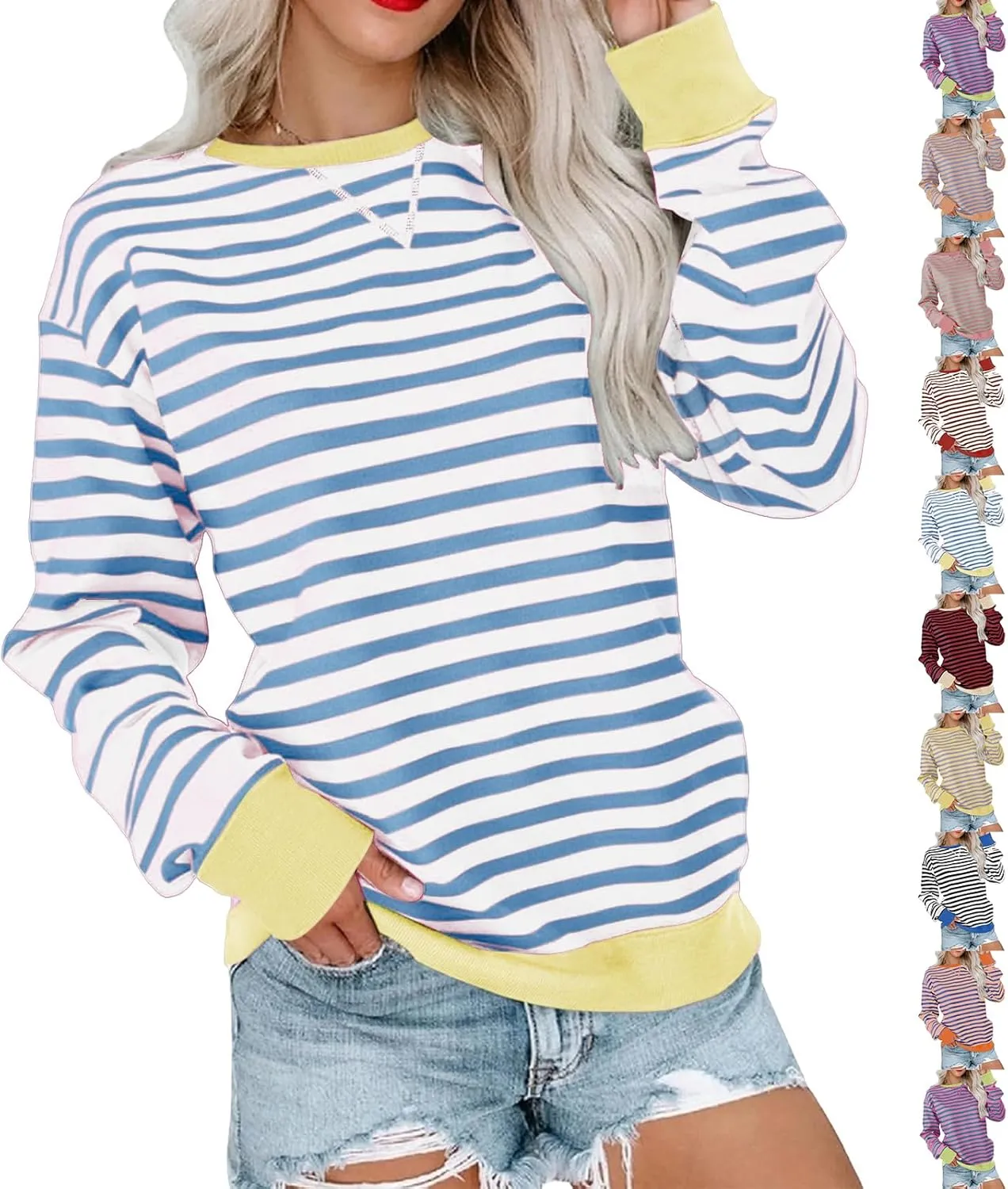 Crewneck Sweatshirts Women Colors Block Striped Fall Sweatshirts Comfy Soft Lightweight Pullover Sweaters Tops