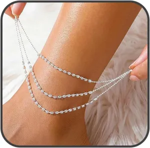 Crystal Anklets for Women Bling Tassel Rhinestone Anklets Dainty Chain Silver Ankle Bracelets for Girls Multi-layered Anklets Waterproof Beach Jewelry