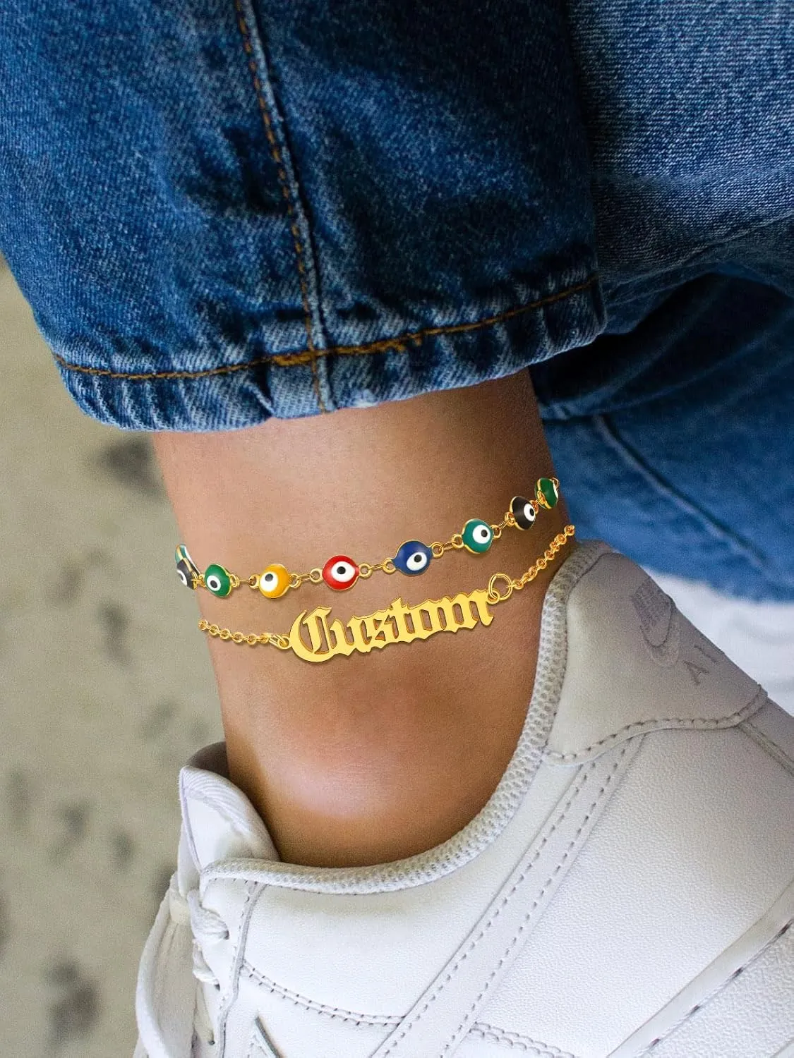 Custom4U Personalized Evil Eye Anklets for Women Custom Name Ankle Bracelet Lucky Evil Eye Summer Beach Foot Jewelry Holiday Gift Adjustable Foot Chain 8.5 2 Inch