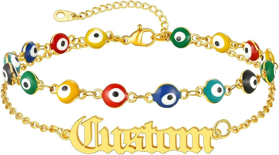Custom4U Personalized Evil Eye Anklets for Women Custom Name Ankle Bracelet Lucky Evil Eye Summer Beach Foot Jewelry Holiday Gift Adjustable Foot Chain 8.5 2 Inch