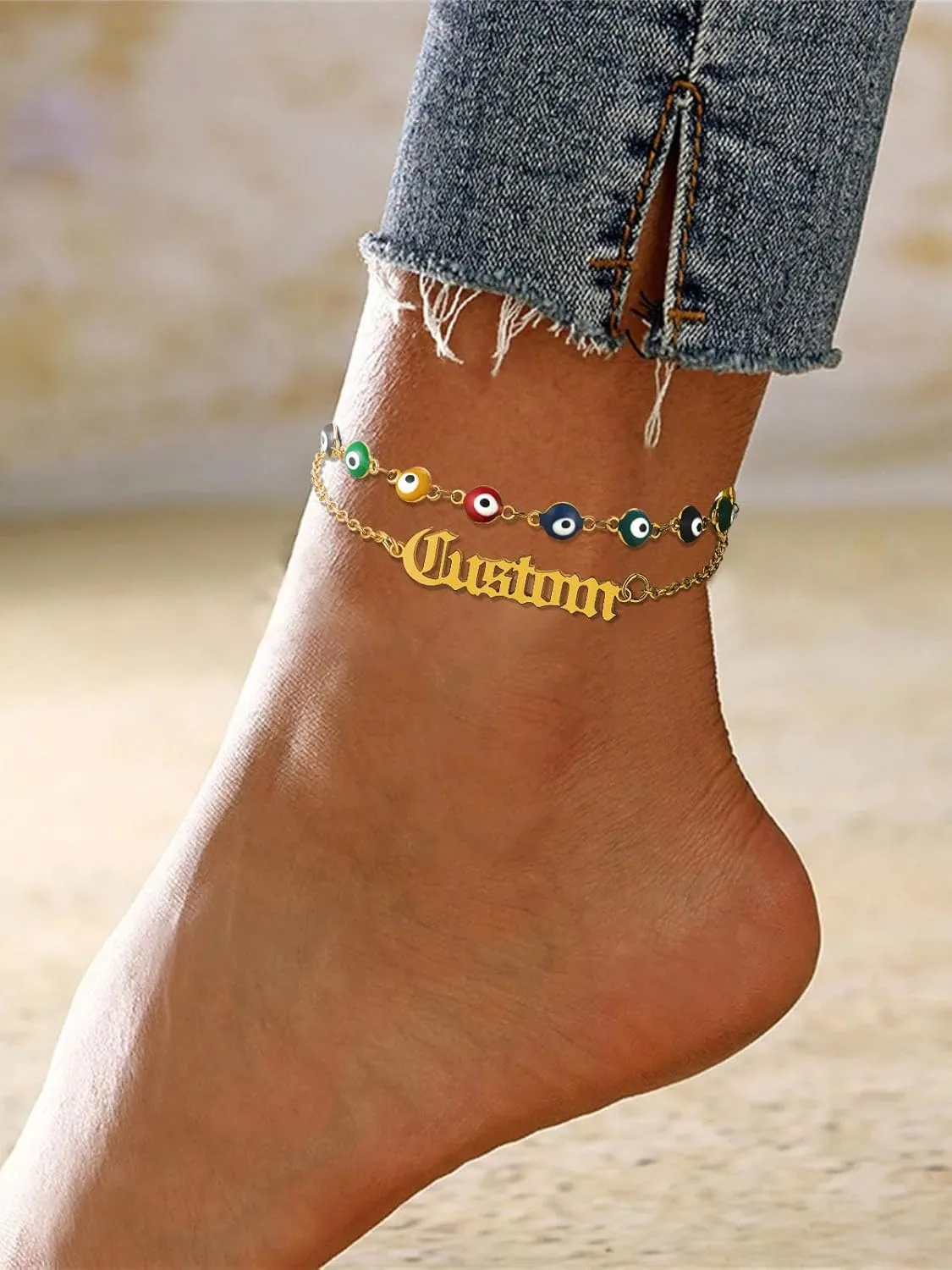 Custom4U Personalized Evil Eye Anklets for Women Custom Name Ankle Bracelet Lucky Evil Eye Summer Beach Foot Jewelry Holiday Gift Adjustable Foot Chain 8.5 2 Inch