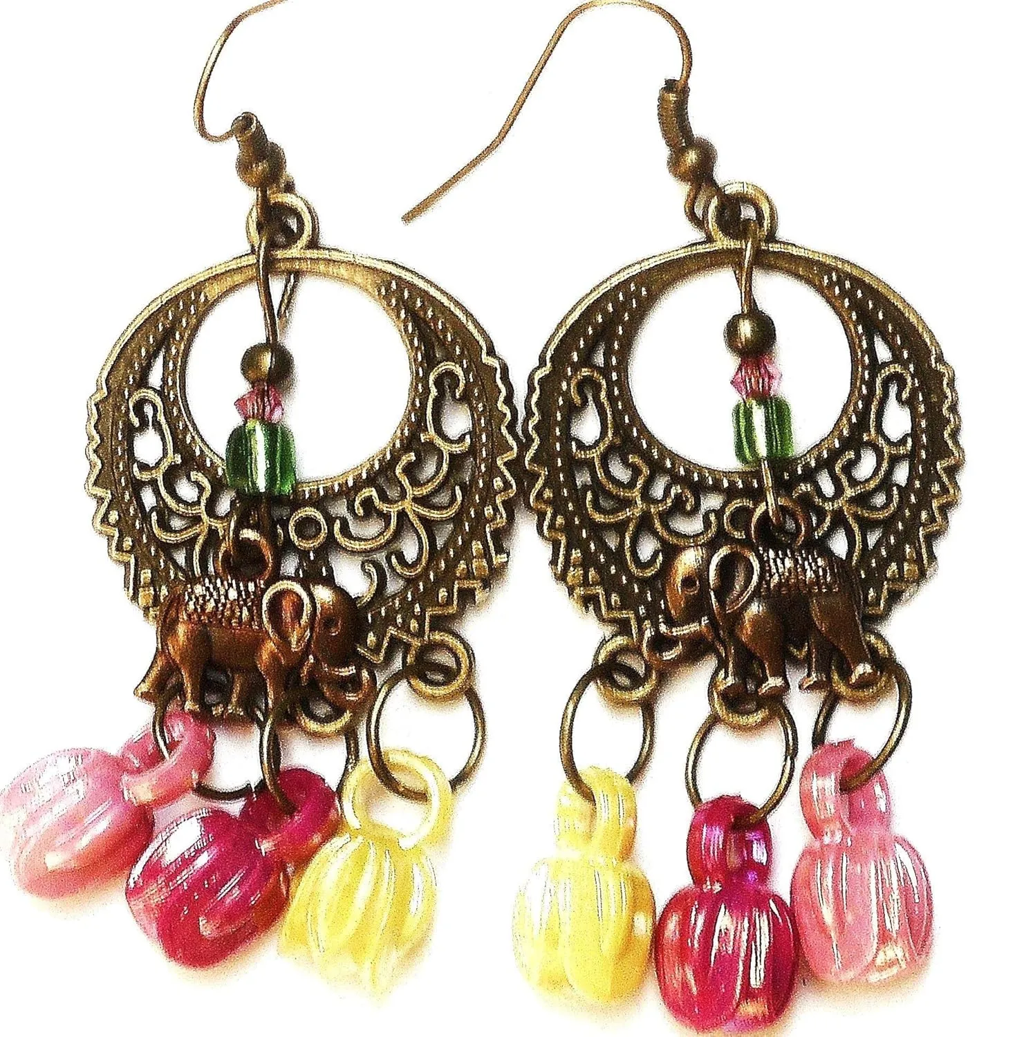 Cute Colorful Lightweight Antiqued Gold Plated Indian Elephant Dangle Chandelier Earrings Bohemian Jewelry for Women